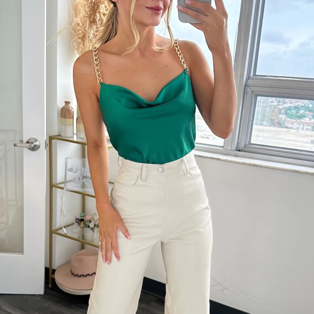 NWT Green satin top with cowl neckline and gold chain straps
